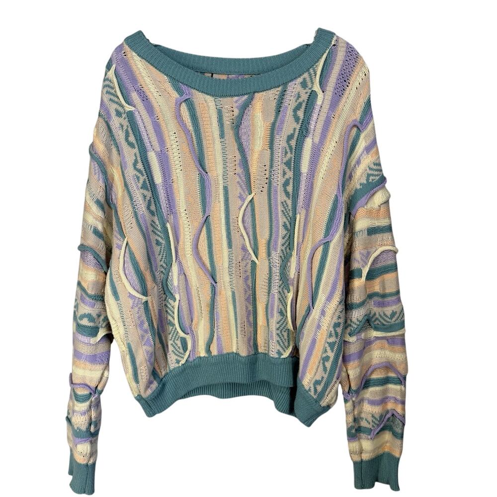Forever 21 Coogi 90s Style 3D Cable Knit Crop Sweater Sz L Pastel Retro Teal